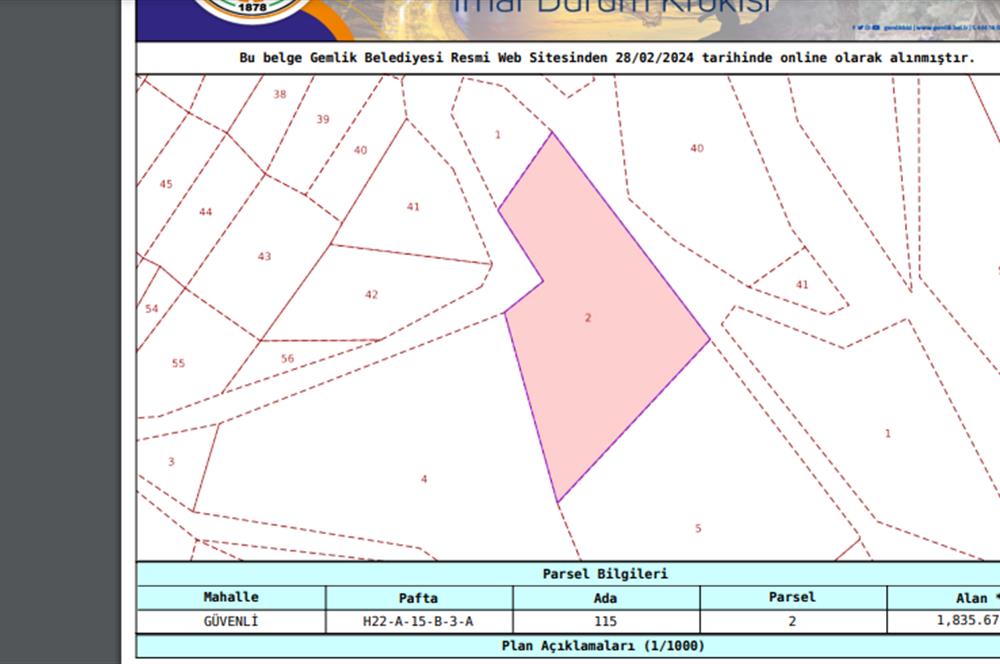 C21 Cius;Gemlik Güvenli Köyünde Kadastro Yola Cephe 1835m² Tarla