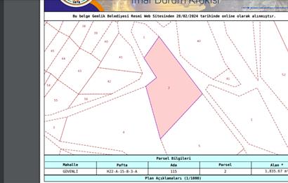 C21 Cius;Gemlik Güvenli Köyünde Kadastro Yola Cephe 1835m² Tarla