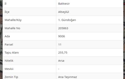  BALIKESİR ALTIEYLÜL 1. GÜNDOĞAN MAHALLESİ SATILIK ARSA