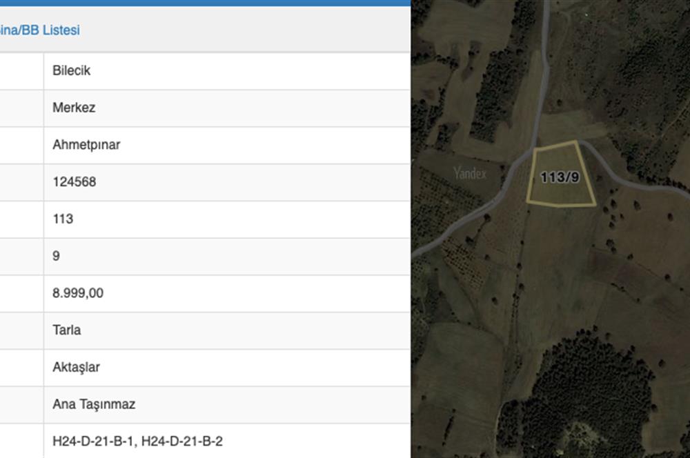 Bilecik Merkez Ahmetpınar Köyü Satılık Tarla 