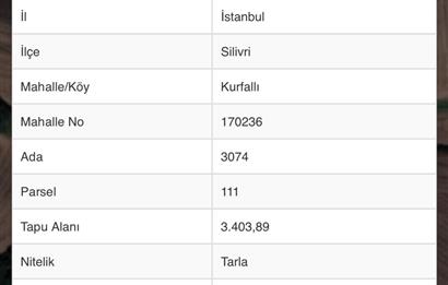 Silivri kurfalı köye 400 metre mesafede 3403 m2 tarla