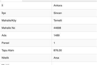 ANKARA SİNCAN TEMELLİ SATILIK KONUT İMARLI 876 m2 ARSA