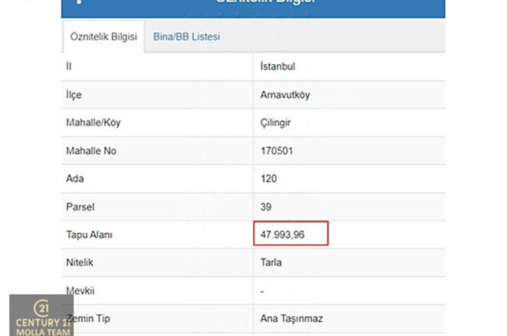 C21 MOLLA TEAM ARNAVUTKÖY ÇİLİNGİRDE YATIRIMLIK SATILIK TARLA