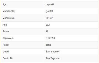 C21 NAR - LAPSEKİ ÇARDAK'TA YERLEŞİM ALANINA YAKIN 1912M2 ARSA