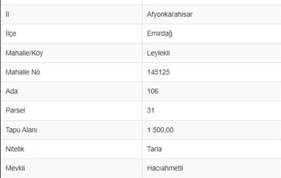 EMİRDAĞ LEYLEKLİ'DE SATILIK 1500 m² TARLA