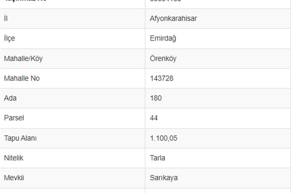 EMİRDAĞ ÖRENKÖY'DE SATILIK 1100 m² TARLA