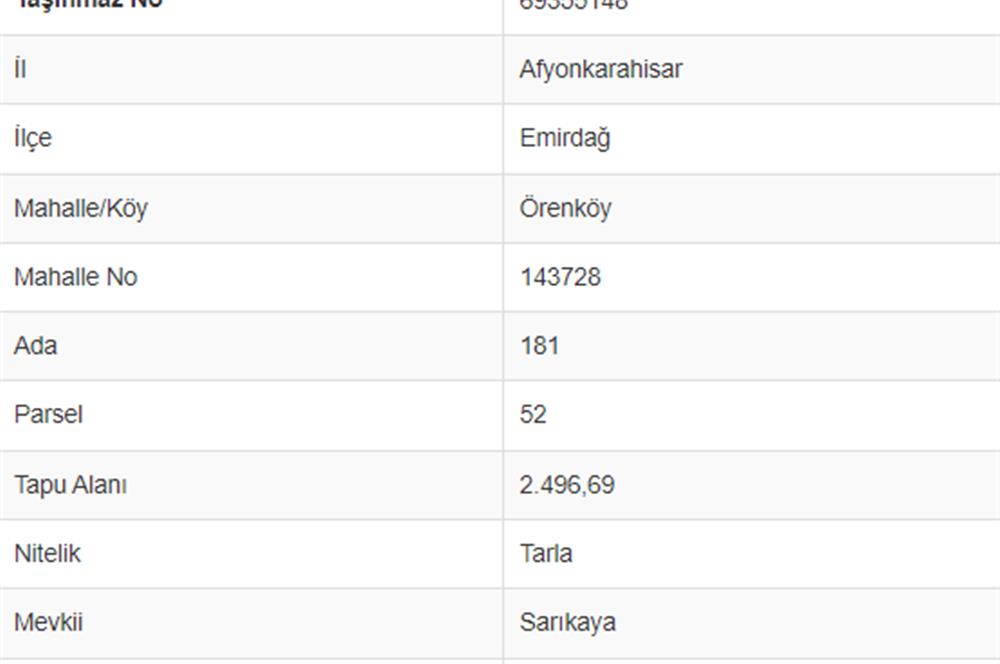 EMİRDAĞ ÖRENKÖY'DE SATILIK 2496 M2 TARLA