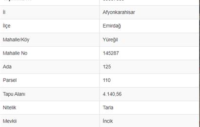 EMİRDAĞ YÜREĞİL'DE 4140 m² SATILIK ARSA