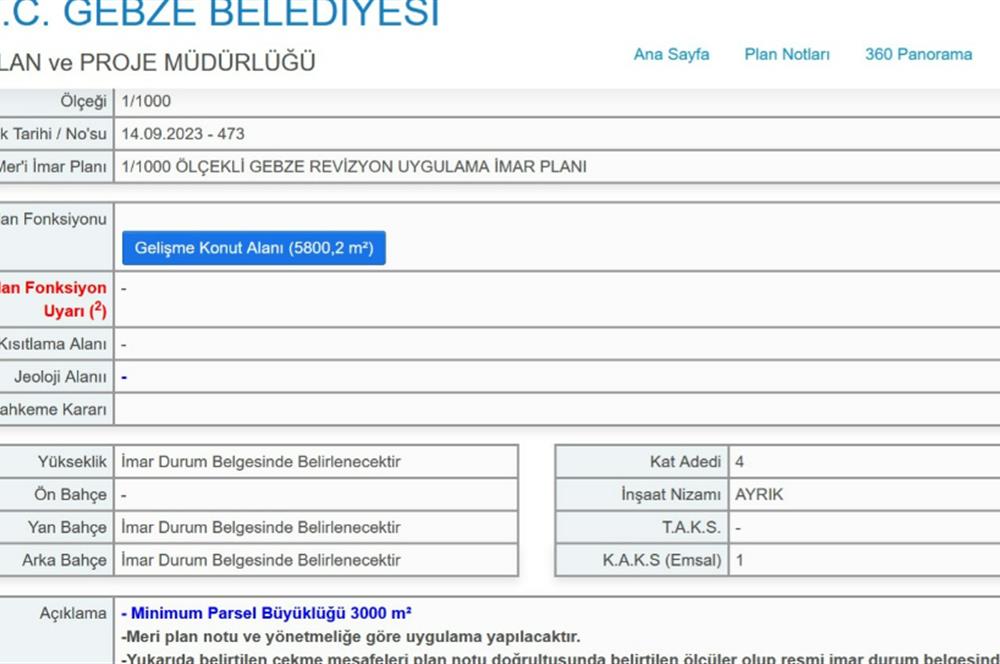 5.800 m² 4 Kat Konut İmarlı Arsa Gebze Pelitli Bağlar Düzünde