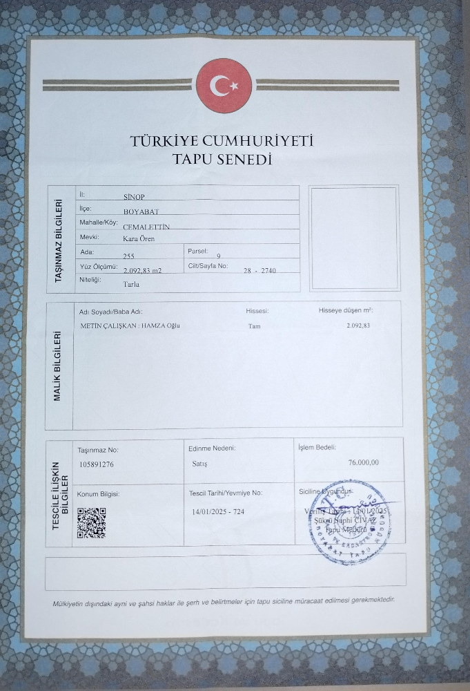 SİNOP BOYABAT YOLUNA ÇOK YAKIN 2092 M2 TARLA SATILIKTIR.