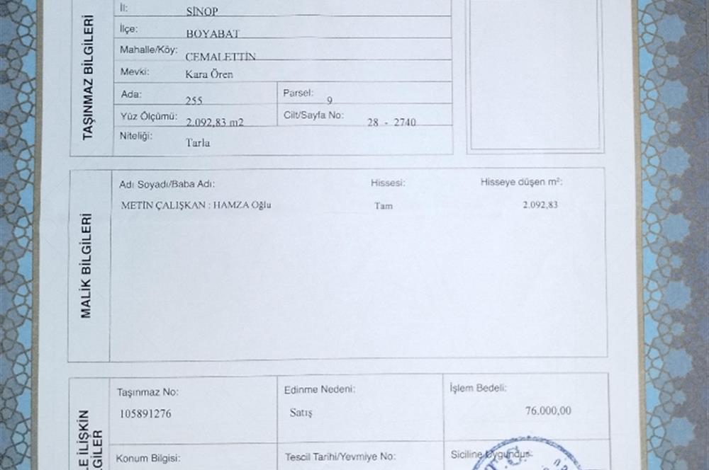 SİNOP BOYABAT YOLUNA ÇOK YAKIN 2092 M2 TARLA SATILIKTIR.