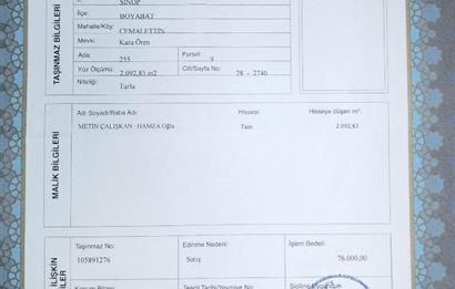 SİNOP BOYABAT YOLUNA ÇOK YAKIN 2092 M2 TARLA SATILIKTIR.