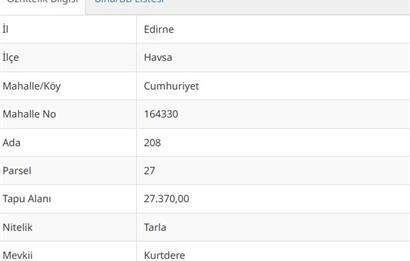 EDİRNE HAVSA'DA SATILIK 27370 M² TARLA