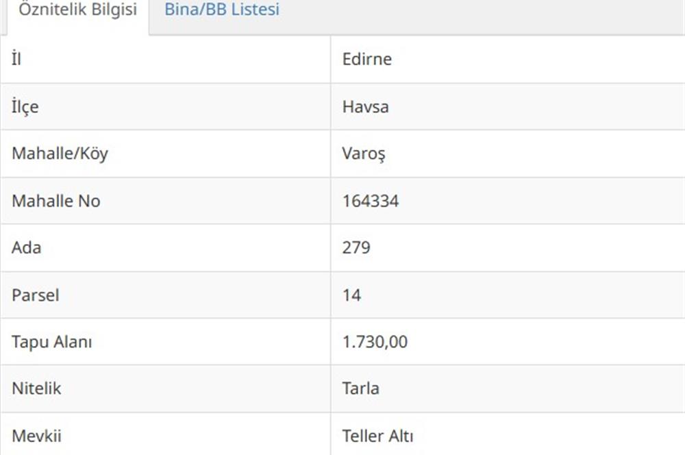 EDİRNE HAVSA'DA 1730 M² SATILIK TARLA