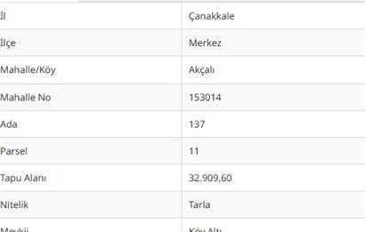 ÇANAKKALE KOCALAR KÖYÜNDE 10.160 -M2 MÜSTAKİL TARLA