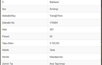 C21 BAL'DAN BALIKESİR SINDIRGI YÜREĞİL MAH SATILIK TARLA