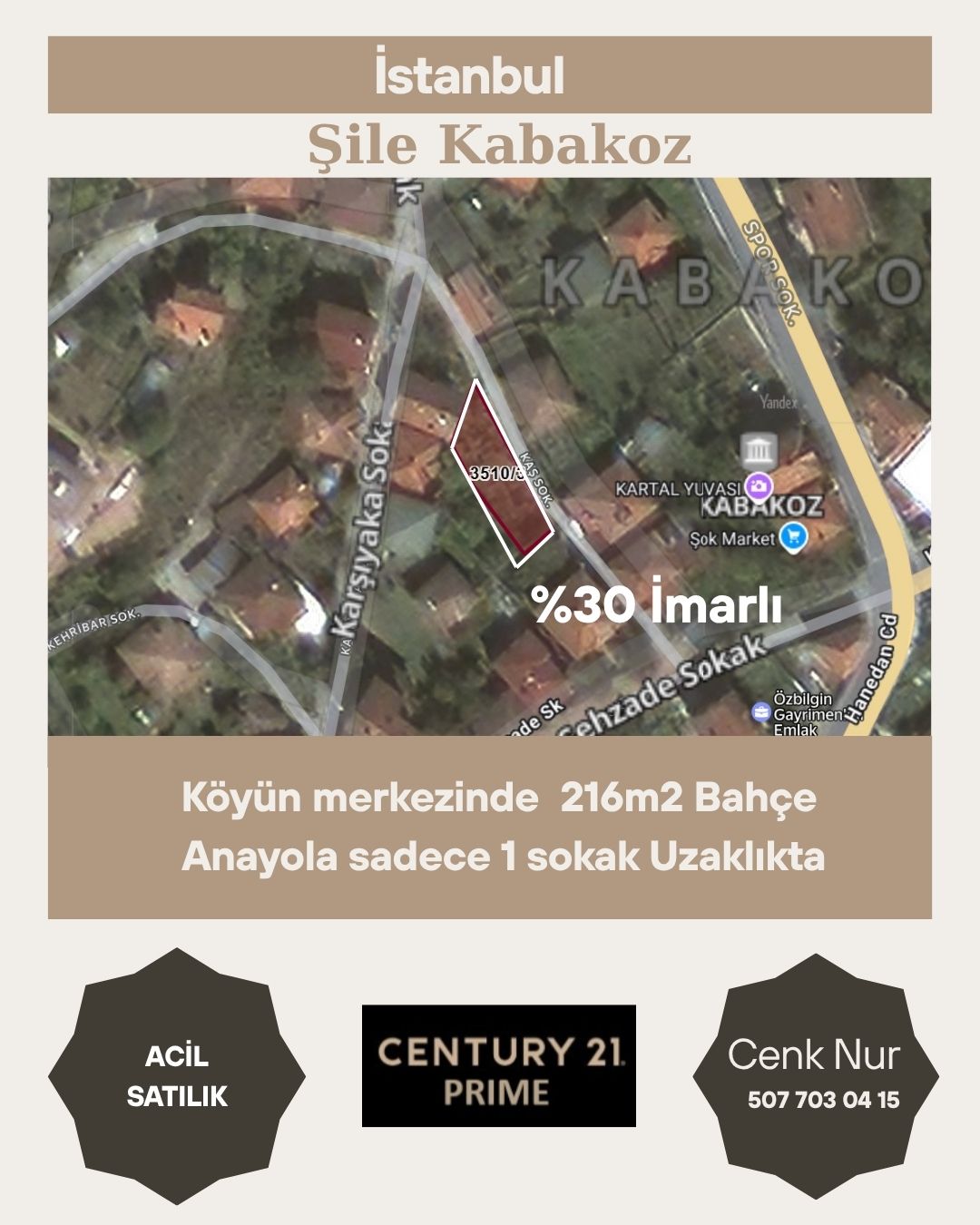 Şile Kabakoz'da Köyün merkezinde acil satılık 216m2 Bahçe