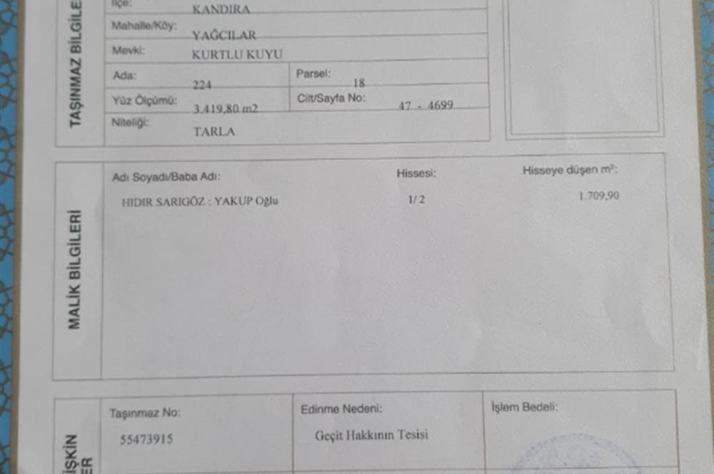 KOCAELİ KANDIRA YAĞCILAR MAH. KURTLU KUYU MEVKİİ SATILIK ARSA