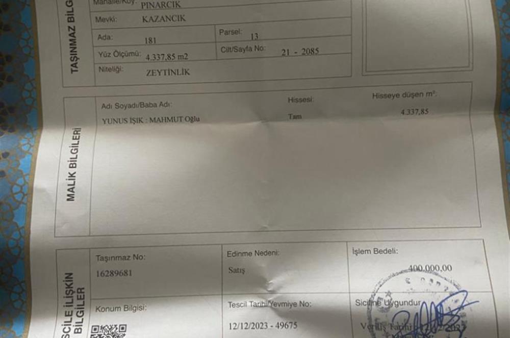 4,5 DÖNÜM GÖL MANZARALI ZEYTİNLİK KUPON FİYATA