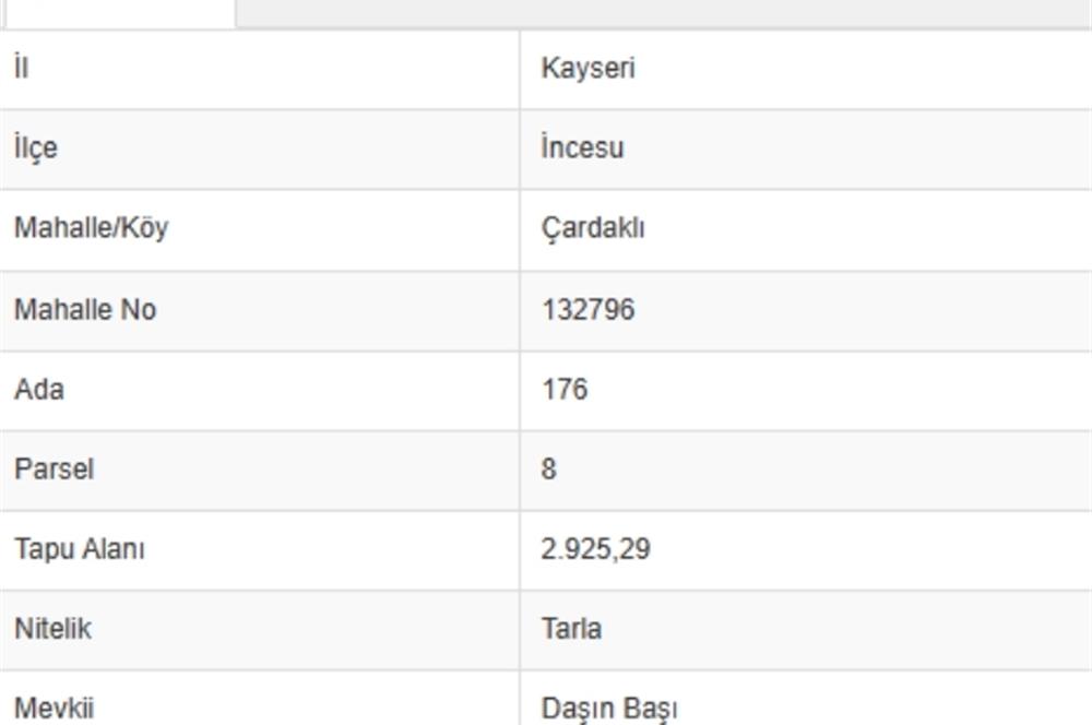 KAYSERİ İNCESU'DA 2.925 m² SATILIK TARLA