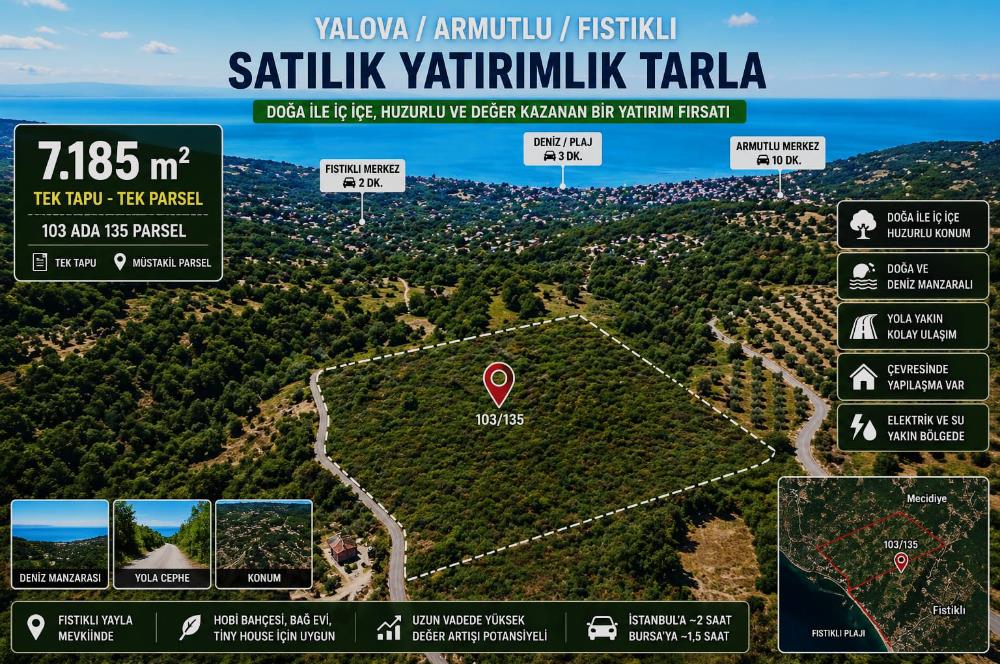 Yalova Armutlu Fıstıklıda Manzaralı 7.185 m² Satılık Tarla