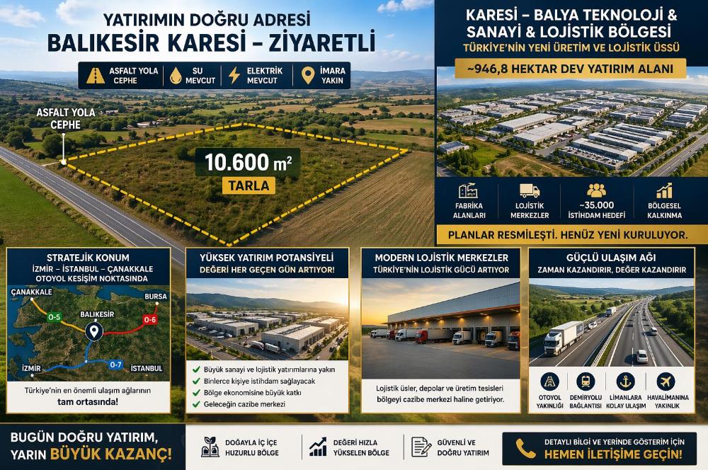 BALIKESİR KARESİ 10,600M2 İMARA SINIR ANAYOLA CEPHE ELEKTRİK SU