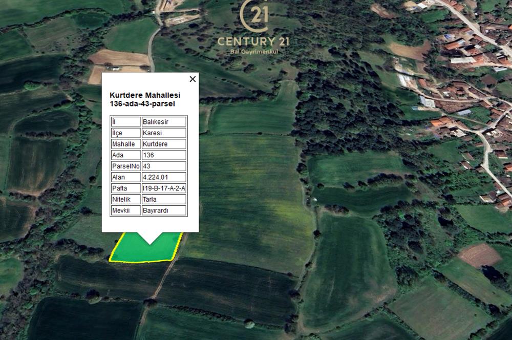 C21 BAL'dan KARESİ KURTDERE MAHALLESİNDE SATILIK TARLA