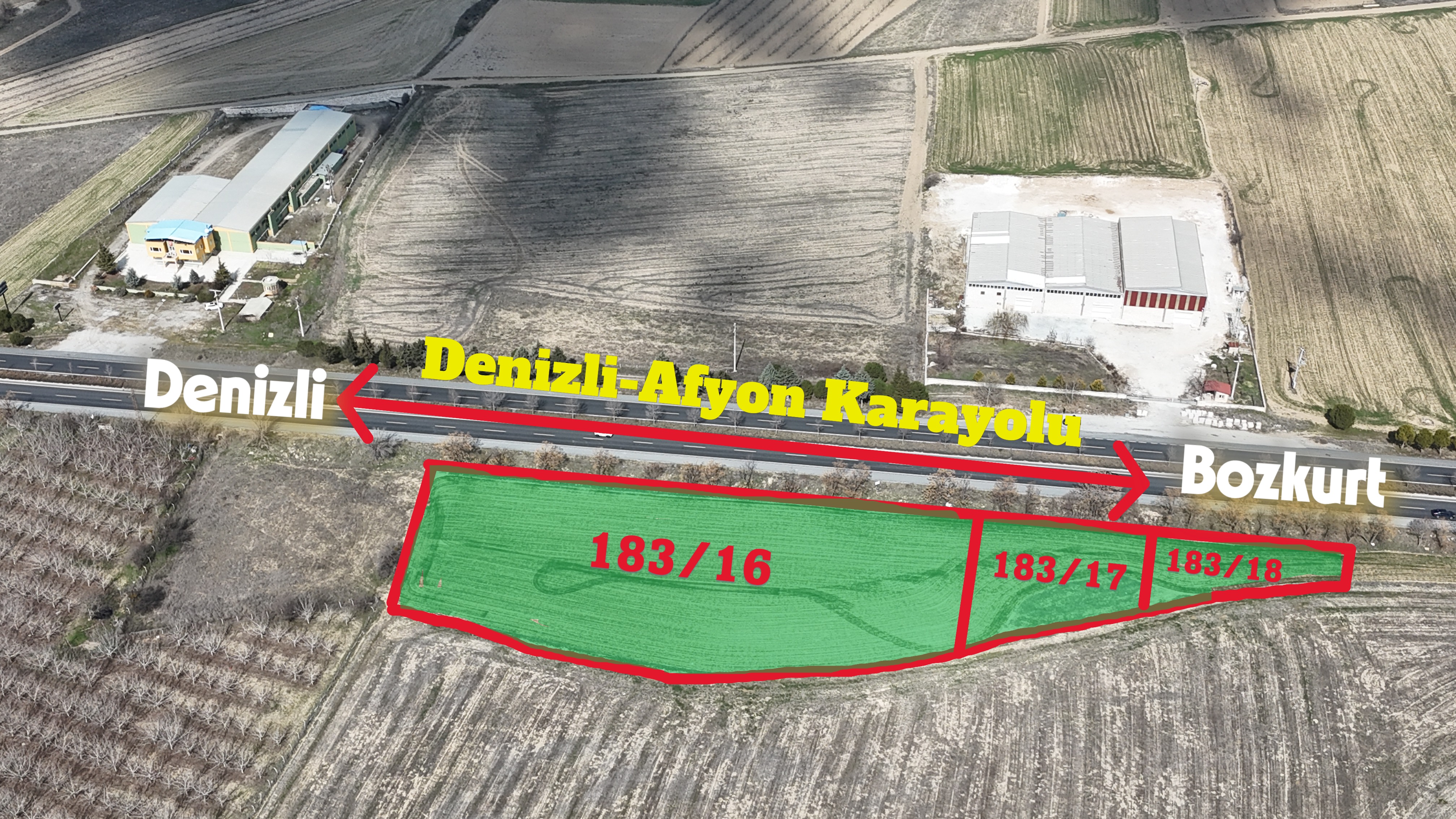 Denizli-Afyon Karayolu’na Komşu Bozkurt/Alikurt’ta 3 Adet Tarla SATILIKTIR.