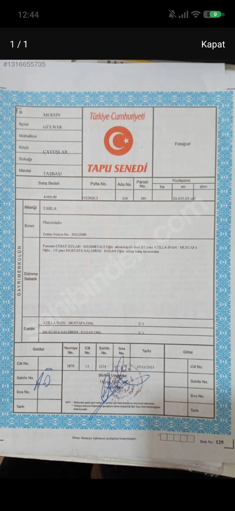 Çavuşlar Köyünde Tek Tapu 20 Dönüm