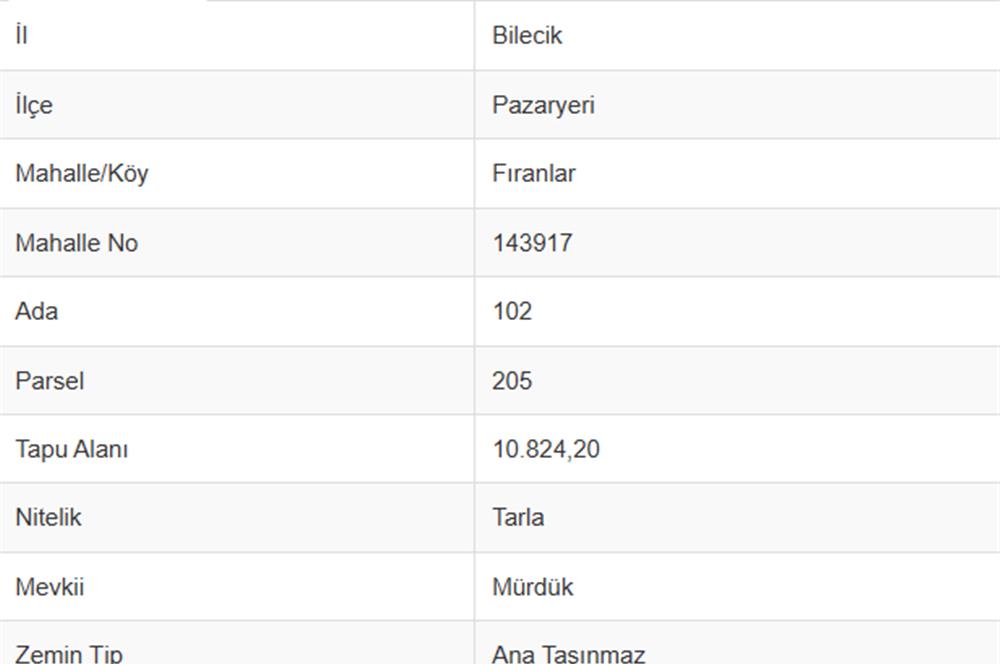 BİLECİK PAZARYERİNDE MÜSTAKİL SATILIK TARLA