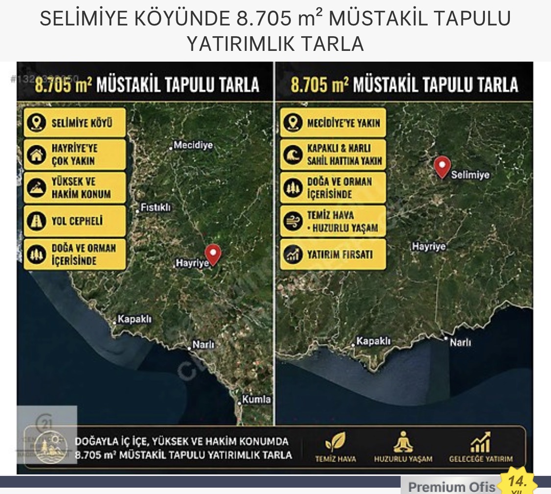 SELİMIYE KÖYÜNDE 8.705 m' MÜSTAKIL TAPULU Arsa