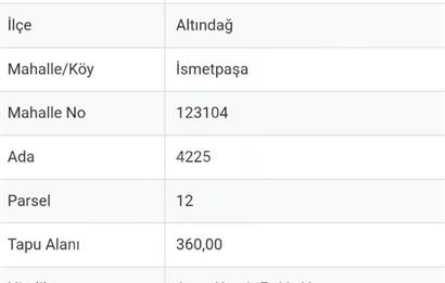 ALTINDAĞ, İSMETPAŞA DA 360m² ARSA İÇİNDE 15m² HİSSE SATILIKTIR