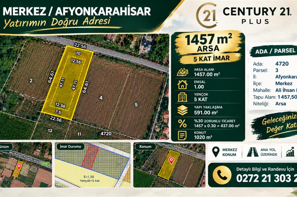CENTURY21 PLUS ALİİHSAN PAŞA'DA 5 KAT,%30 TİCARİ DEĞERLİ ARSA
