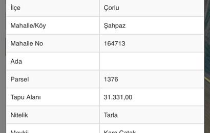 TEKİRDAĞ ÇORLU ŞAHPAZ'DA MÜSTAKİL TAPULU SATILIK TARLA