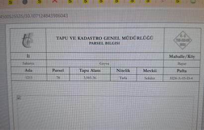 GEYVE BAYAT KÖYÜ (MAH.) DE 3985 m2 SATILIK TARLA 5O AD.CEVİZ VAR