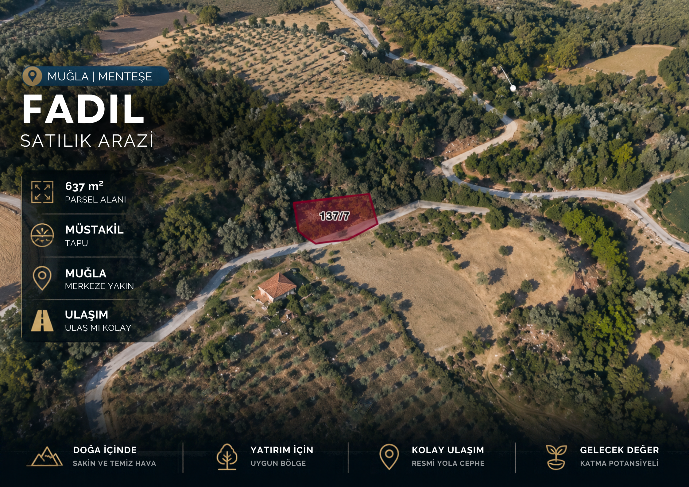 Muğla Menteşe Fadıl'da Yola Cepheli 637 m² Müstakil Parsel