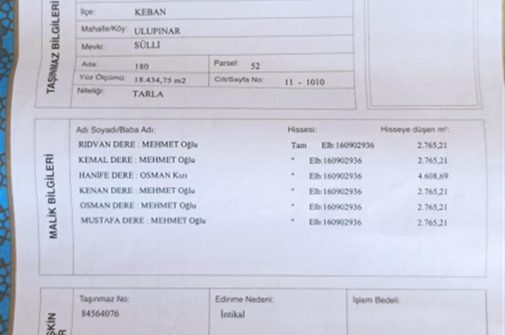 ELAZIG KEBAN'DA SATILIK TARLA